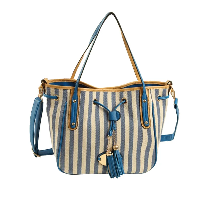 2016 new Korean wild look good striped canvas shoulder bag fringed shoulder strap shoulder bag handbag