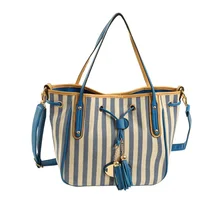 2016 new Korean wild look good striped canvas shoulder bag fringed shoulder strap shoulder bag handbag ladies bag