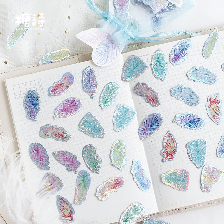 

100PCS/PACK Colorful feathers Laser Silver decoration sticker DIY Planner diary scrapbooking index phone album sealing sticker