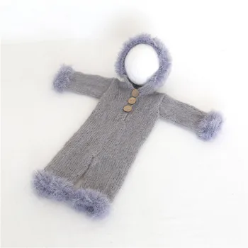 

Newborn Hooded Romper Knitted Fuzzy Hat Newborn Romper Outfit Mohair Grey Baby Boy Overalls Baby Onesie Jumpsuit Photo Props