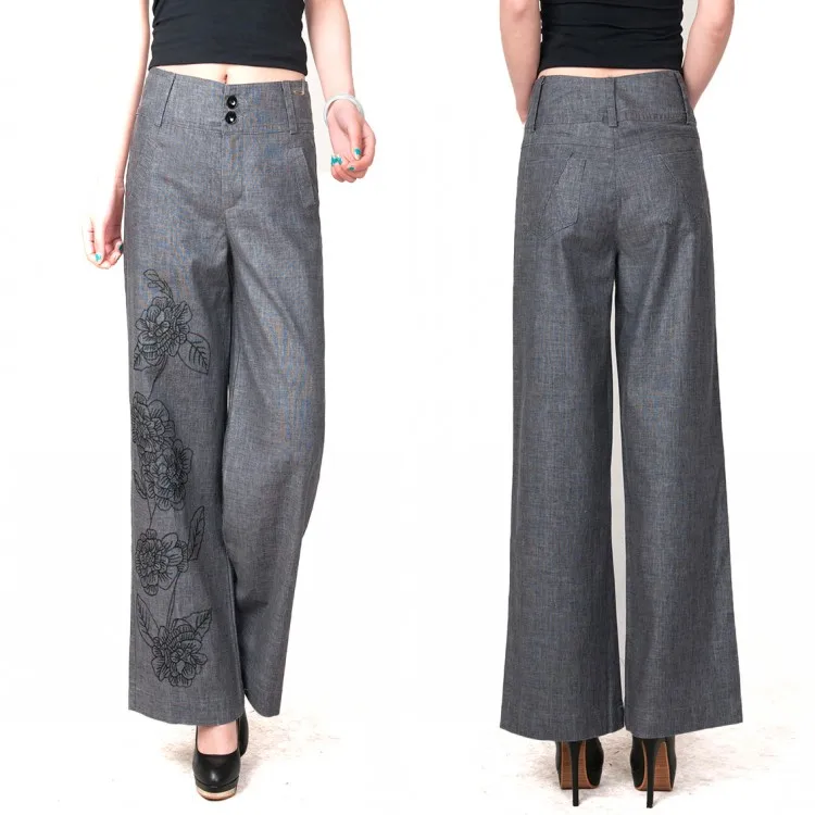 free shipping spring autumn summer Linen flare fluid straight female trousers wide leg women pants gray