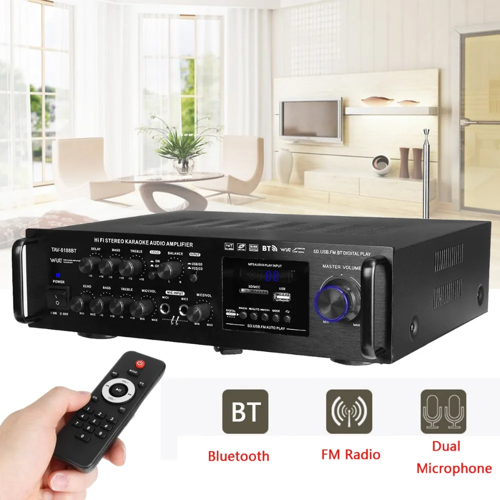

220-240V 2000W 4 -16 ohm Stereo Karaoke Home bluetooth Amplifier Wireless Version Digital Audio Amplifier Audio Support 2 MIC