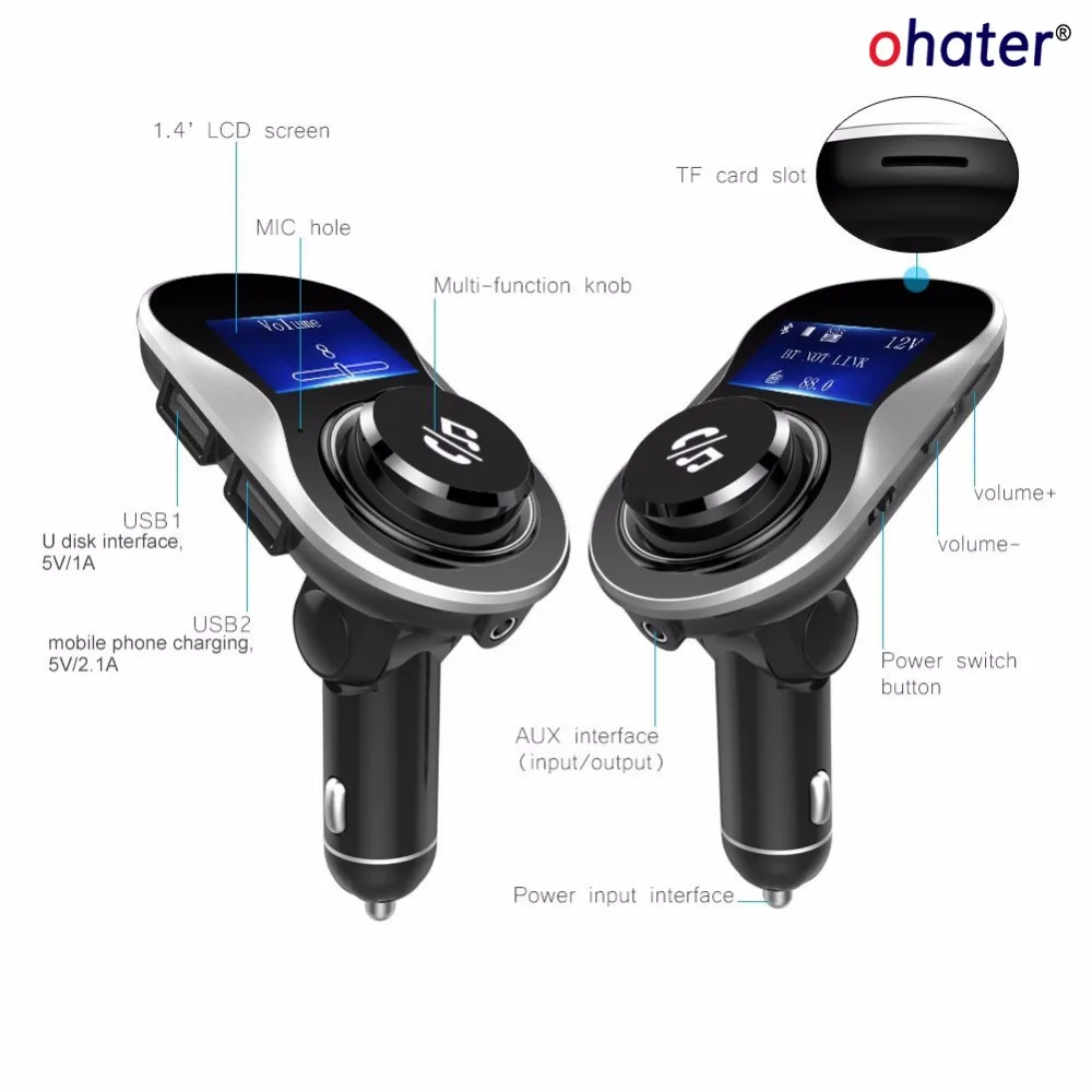 Ohater fm-трансмиттер Bluetooth fm-трансмиттер MP3 плеер Автозвук комплект громкой связи с TF слот для карт и usb зарядки