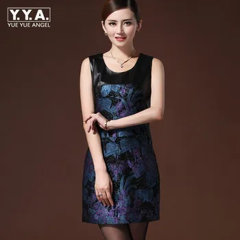 

Luxury 100% Real Sheepskin Women Floral Printed Dress Slim Fit Formal Party Genuine Leather Bodycon Ladies Sleeveless Dresses