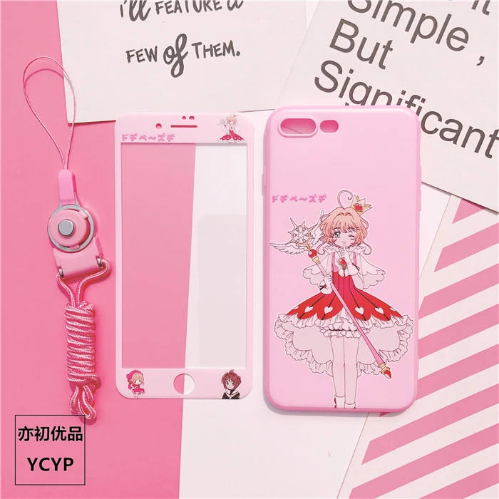 Для iphone XS Max Cardcaptor Sakura чехол+ Закаленное стекло пленка для экрана для iphone X XS XR 7 8 plus 6 6 S plus розовый чехол для девочки+ ремешок - Цвет: As shown