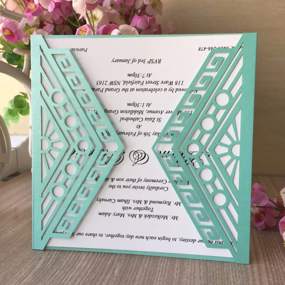 100pcs Lot Chic Tiffany Blue Color Laser Cut Wedding Invitation