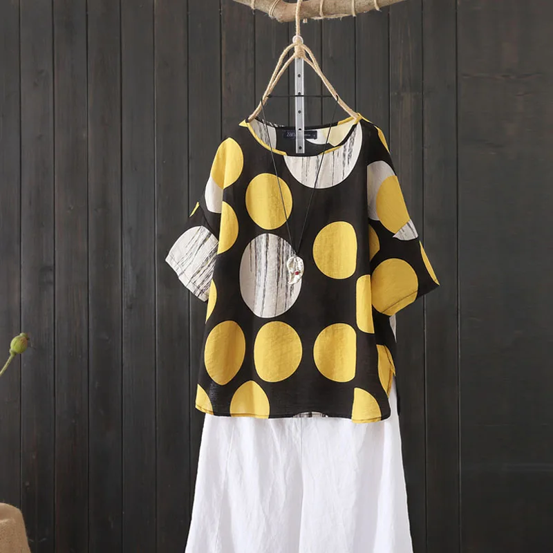 Плюс размер ZANZEA Повседневная Блузка в клетку Летняя туника с коротким рукавом топы женские в горошек печатных вечерние женская рубашка 5XL - Цвет: Yellow Dot