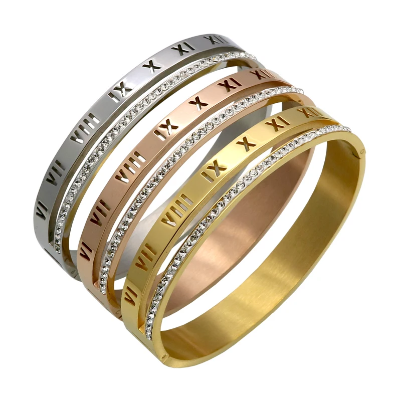 stainless steel bracelets bangles women cuff crystal roman numerals
