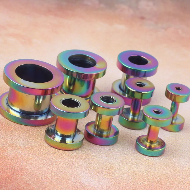Rainbow Anodized Titanium Steel Screw Fit Ear Plugs Flesh Tunnels