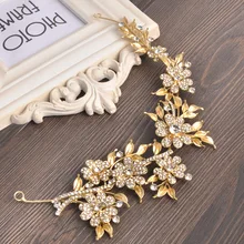 Fashion Gold Leaf Wedding Bride Head Chain Rhinestone Flower Women Metal Bridal Hairbands Headdress Prom Hair Accessories