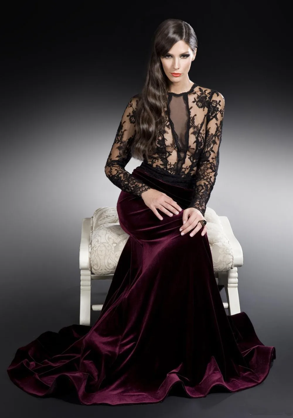 

2014 Winter Latest New Fashion High Quality See Through Lace Dark Red velvet evening dresses EDM-0074