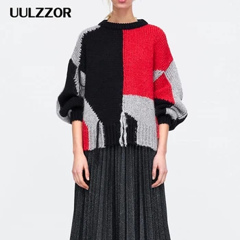 

UULZZOR Vintage Patchwork Tassel Knitted Sweater Women 2019 Fashion O Neck Long Sleeve Streetwear Pullovers Casual Pull Female