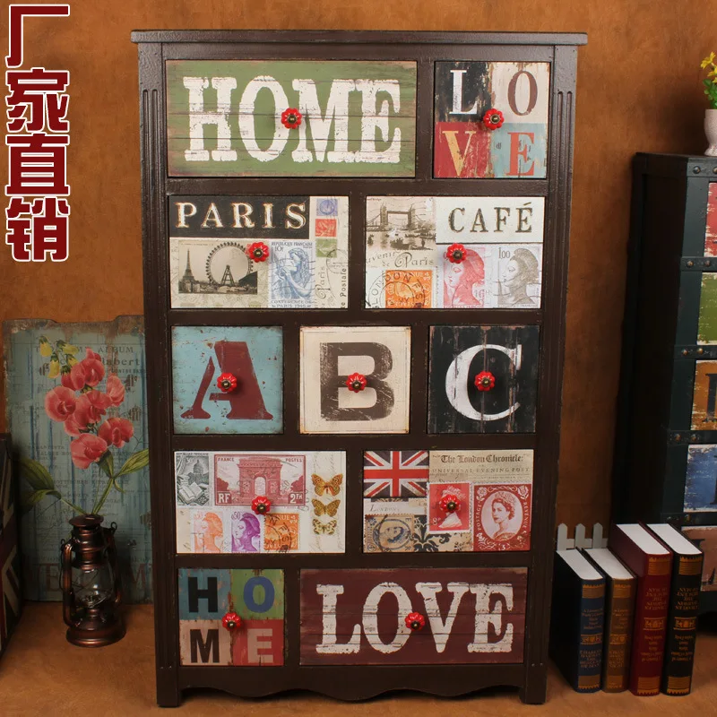 

European and American style retro colorful painted cabinet drawer cabinet lockers antique to do the old wooden storage cabinet e