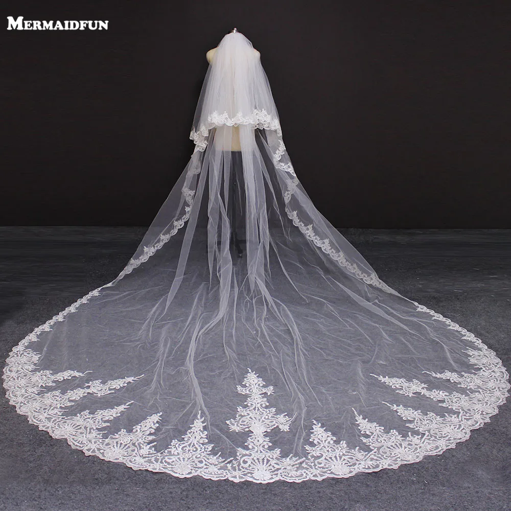 

2019 New 2 Layers Lace Edge 4 Meters Wedding Veil with Blusher Cover Face White Ivory Bridal Veil with Comb Voile de Mariee