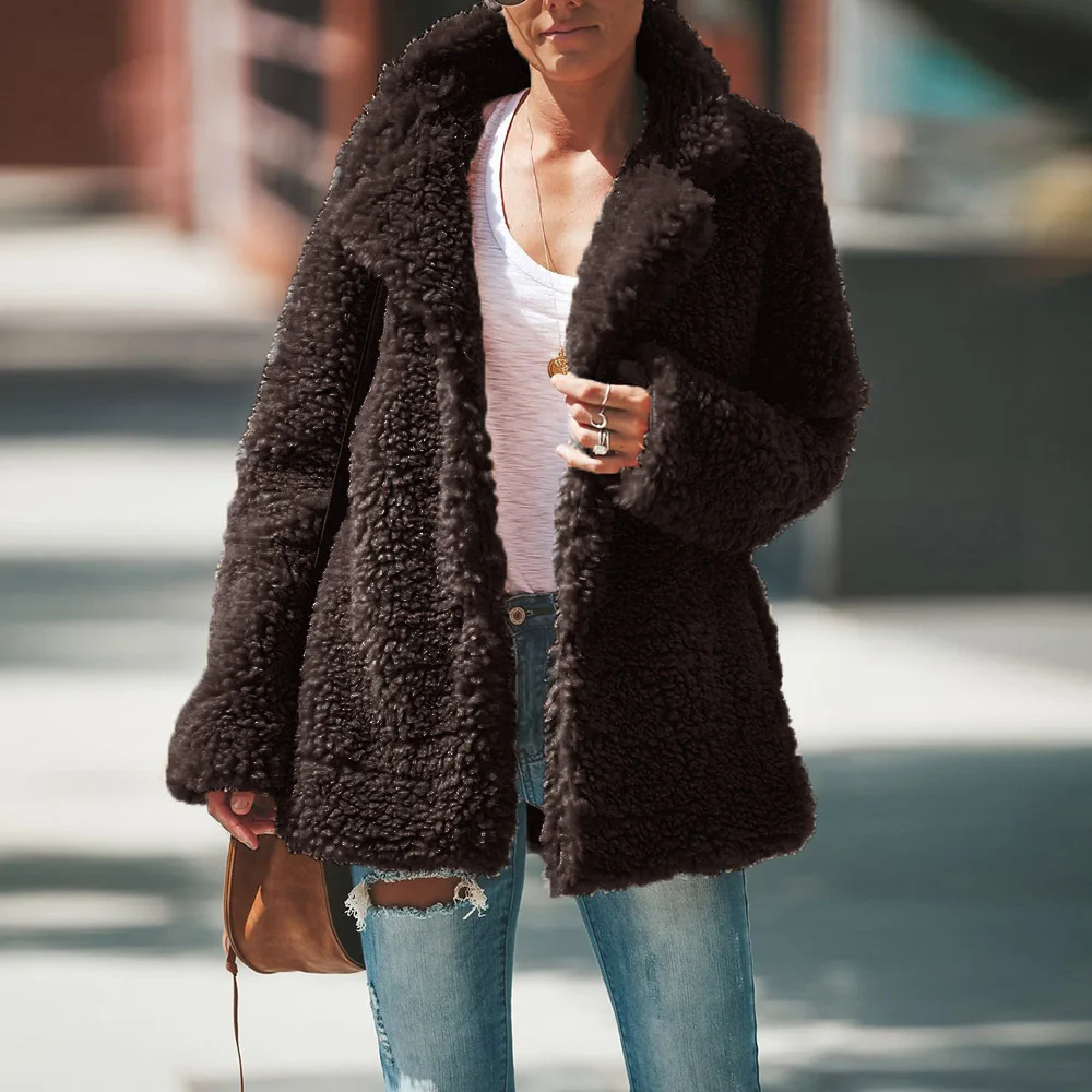2019 Winter new women black jacket plush coat lapel solid