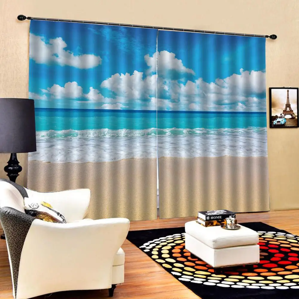 

Customized size Luxury Blackout 3D Window Curtains For Living Room blue beach curtains Blackout curtain