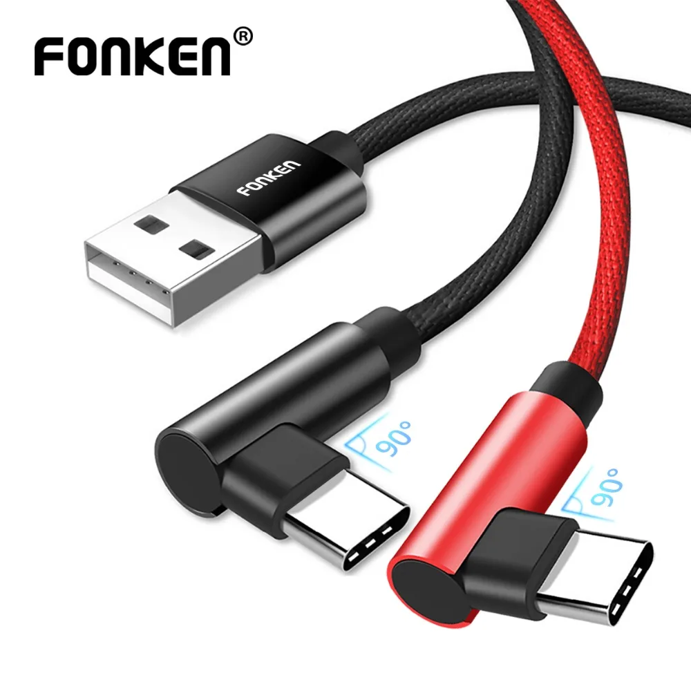 FONKEN 90 درجة نوع-C USB كابل L نوع C شحن كابل 1.2 متر USB C الانحناء الحبل سريع تهمة ل قوة البنك الهاتف المحمول الكابلات