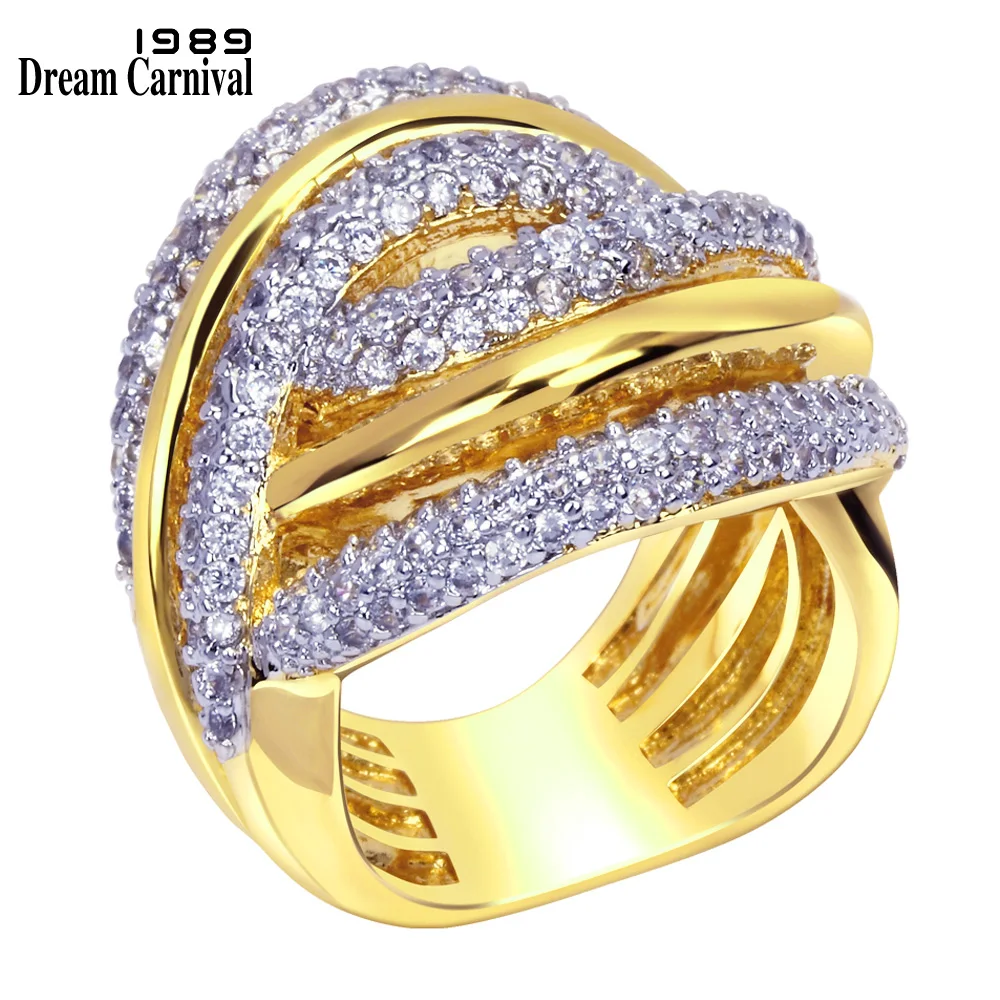 

DreamCarnival 1989 Band Designer Rings for Women Braided Twisted 2 Tones Gold Color Shiny CZ Paved Big Wedding Jewelry SJ14344MU