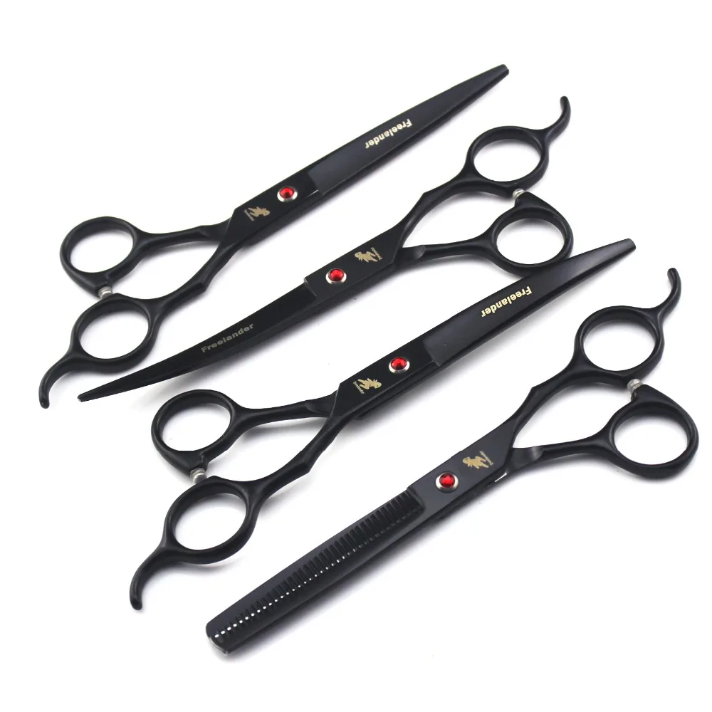

7.0 inch Professional Pet Scissors Cutting Thinning Curved Scissors Set Cat Dog Grooming Shears 4pcs Hair Scissors Black