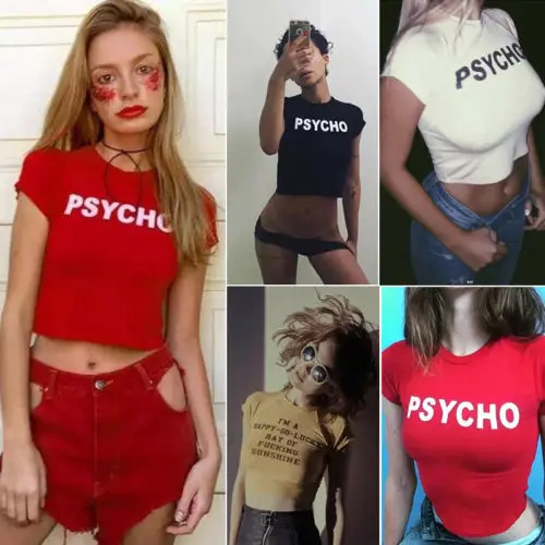 PSYCHO с буквенным принтом 2018 модные летние кроп Топы женские повседневные