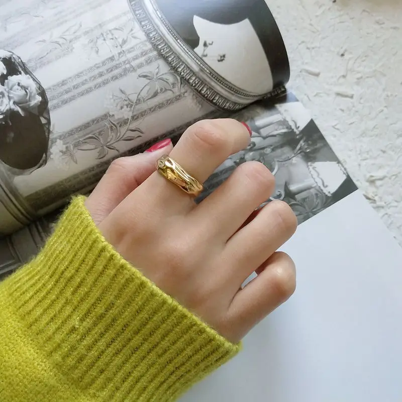 

Silvology 925 Sterling Silver Concave Convex Rings Gold Texture Irregular Foil Paper Female Open Rings Jewelry 925 Silver Gift