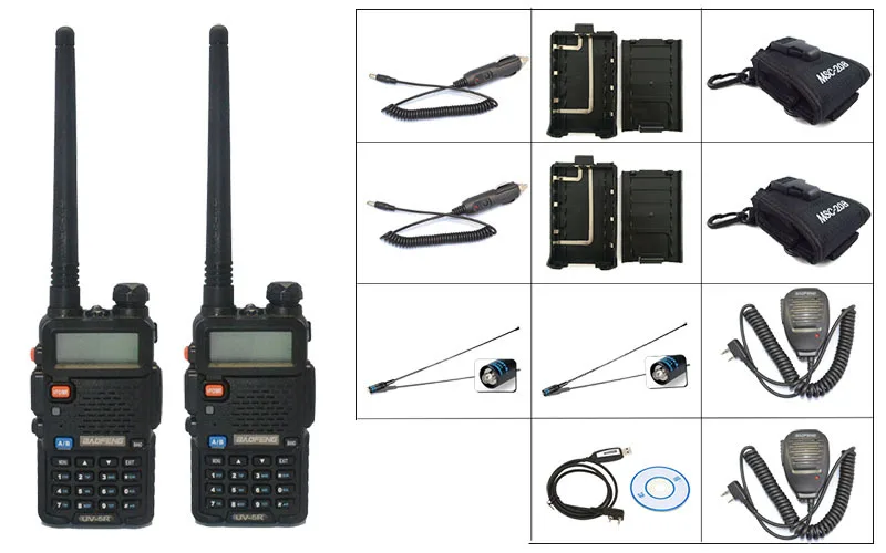 

2 PCS BaoFeng UV-5R WalkieTalkie +2X mic+2XNA 771-F natenna+1Xprogramming cable+2X20B case+2X battery case+2X car charger cable