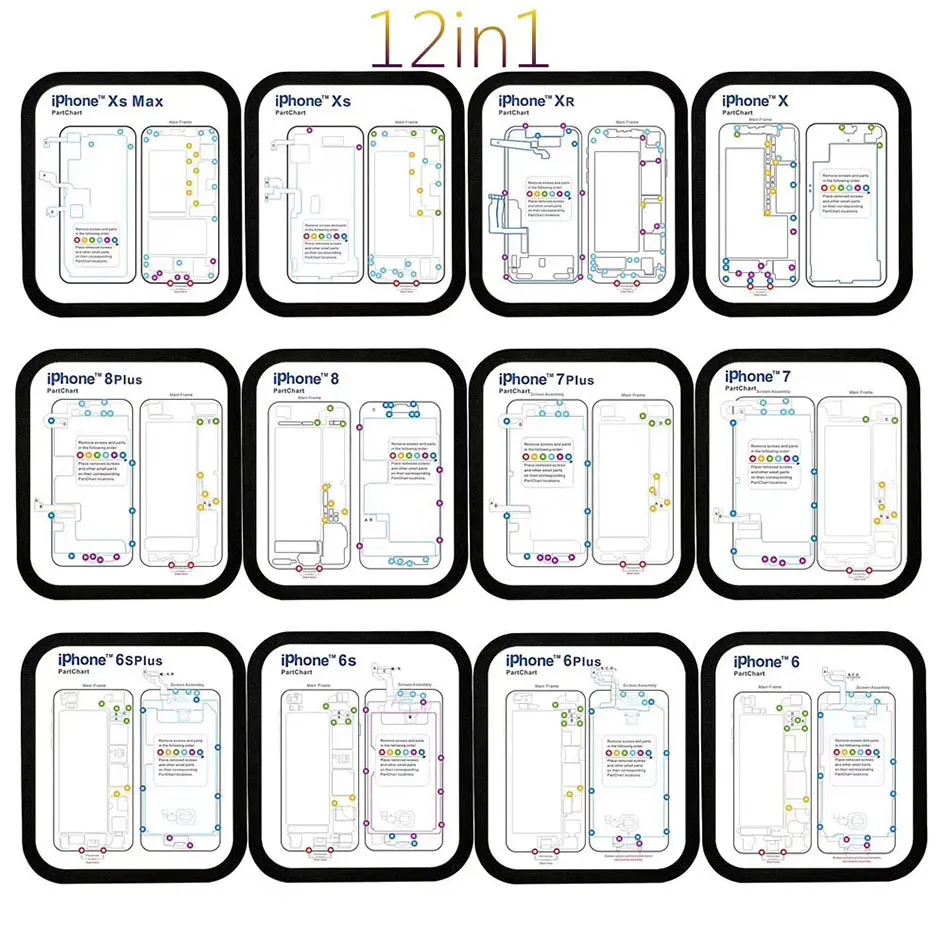 

12 in 1 Guide Pad Chart Card Magnetic Screw Memory Mat for iPhone 6 6s 6P 6sp 7 7P 8 8P X XR Xs Xs Max