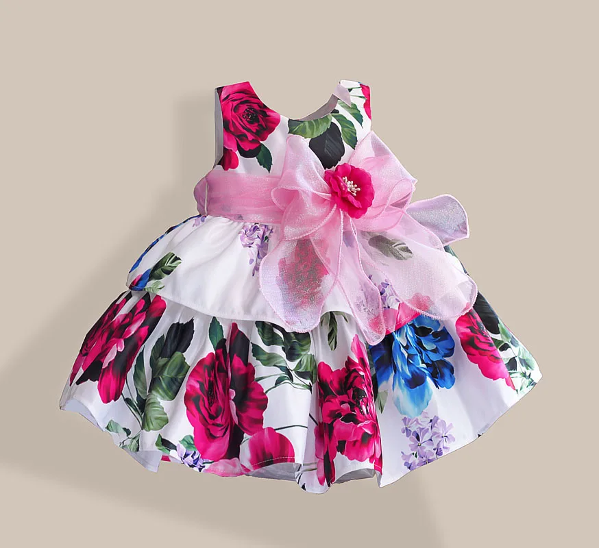 Платья с бантом для девочек модное шелковое праздничное платье без рукавов с бантом и принтом розы для девочек Одежда для детей vestidos infantis, размеры от 1 года до 6 лет