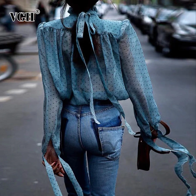 

VGH Summer Vintage Dot Women Shirt Stand Collar Puff Sleeve Ruffle Button Bandage Bow Perspective Blouse Female Fashion New 2019