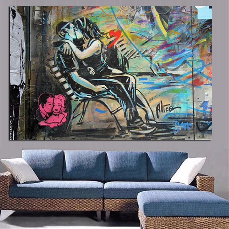 HD Print Graffiti Banksy Kissing Couple Realistic Oil