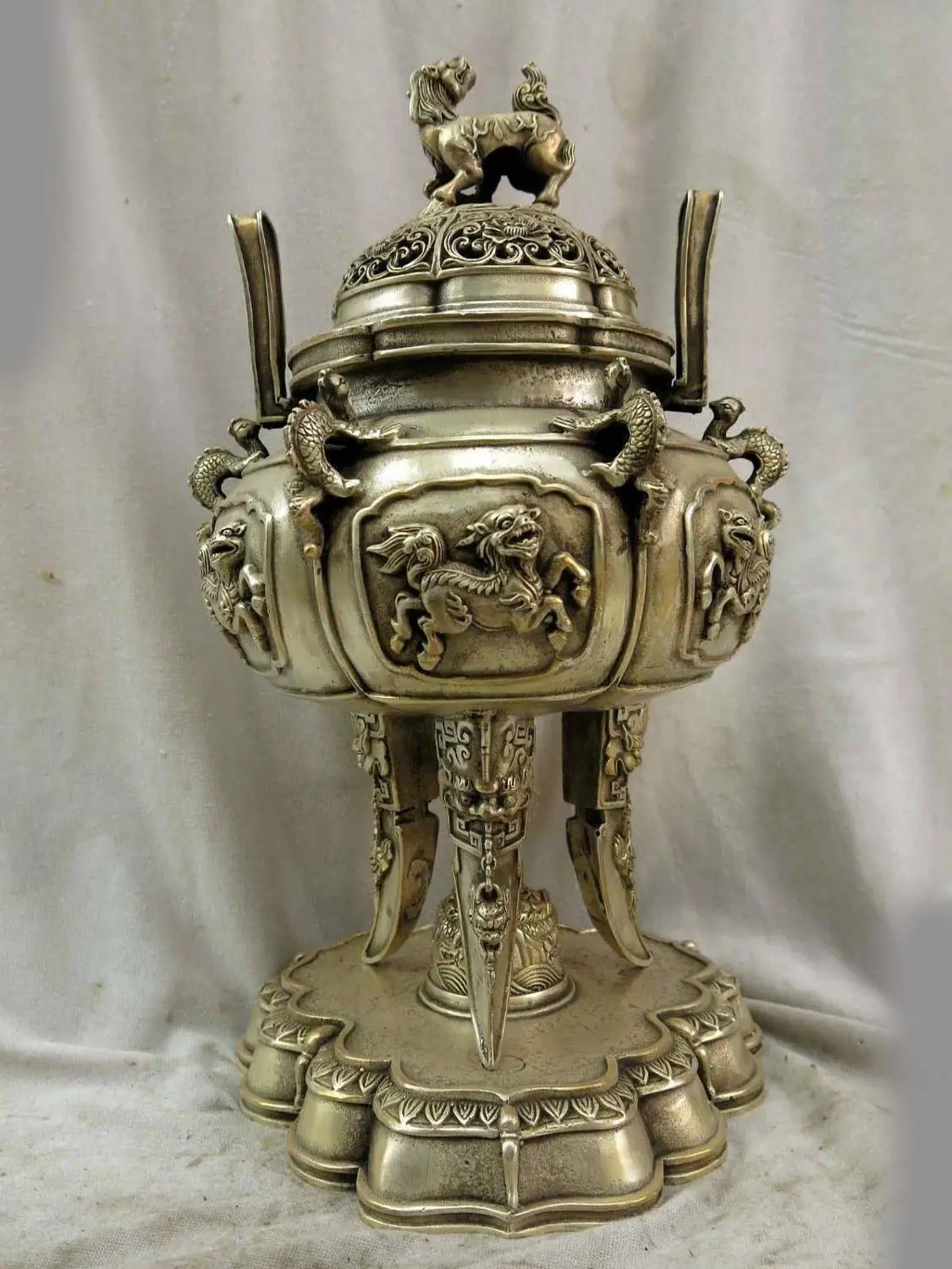 

13" China silver fine lucky seven Foo Dogs Lion dragons censer Incense burner