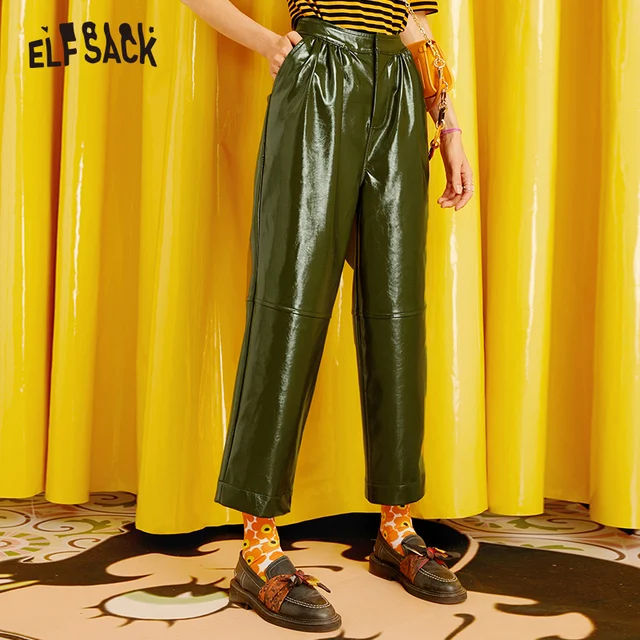 $US $28.98  ELFSACK Army Green Solid Vintage Leather Pants Women 2019 Autumn Mid Waist Streetwear Straight Fema