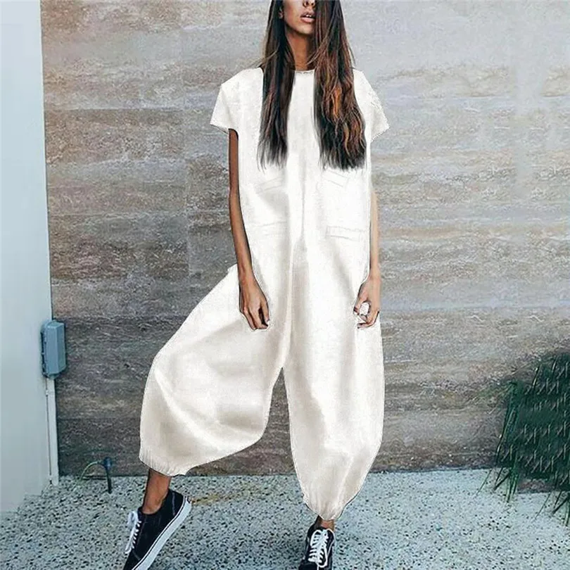 New Women Summer Casual O-Neckline Solid Romper Short Sleeve Zipper Loose Jumpsuit Elegant Beach Holiday Dropshipping #4A29 (4)