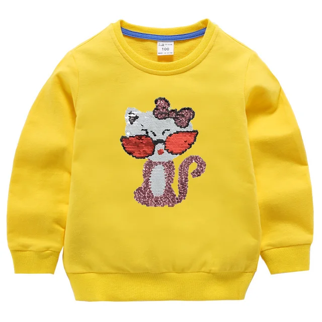 Double Sided Sequin Flash Glitter T-Shirts For Girls Sequins T Shirt Girls Cartoon Cat Kids Tshirt Summer Teen Clothes For Girls Gold