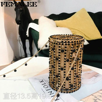 

Luxury Diamonds Women's Handbag Fashion Designer Clutch Evening Bag Black Beads Crossbody Bag Tote Bucket Cage Shape Party Bag