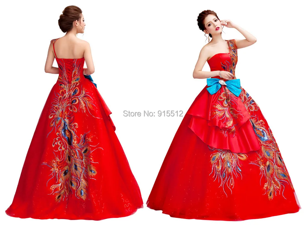new arrival traditional one shoulder phoenix patterns ball gown red