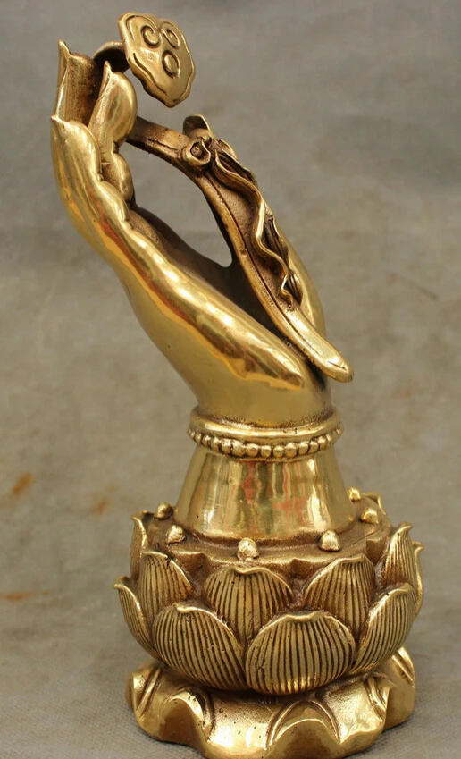 

S4915 Chinese Brass Buddhism Lotus Kwan-yin Buddha Fo Hand Hold RuYi Statue Set D0317