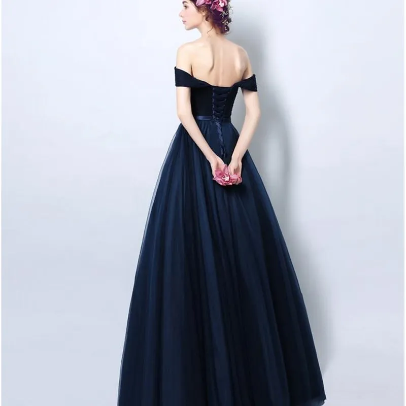 Ruthshen, темно-синие платья для выпускного вечера, плиссированные тюлевые Длинные вечерние платья с открытыми плечами, недорогие элегантные вечерние платья