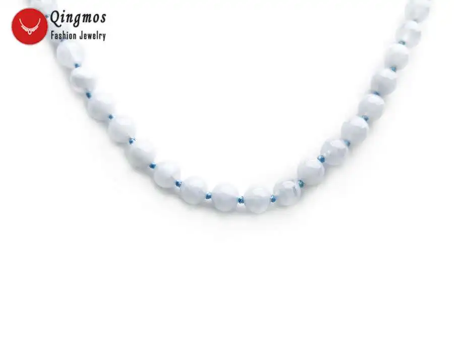 Qingmos Trendy Blue Lace Agates Necklace for Women with 6mm Round Natural Blue Lace Agates Stone Necklace Jewelry 17'' nec6545