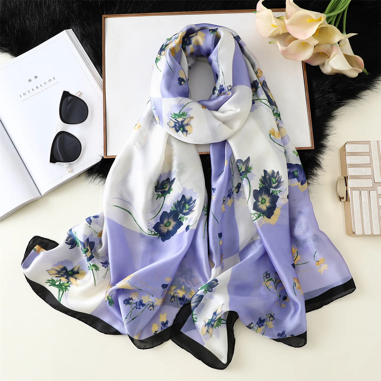 Luxury Women Silk Scarf Design Print Female Foulard Hijab Scarfs Summer Shawl Beach Cover- ups Scarves Wraps Neck Headband