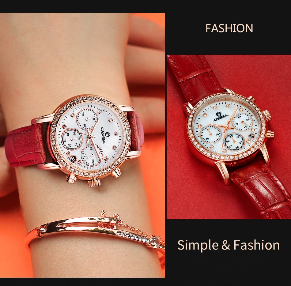 Модные Элитный бренд часы Для женщин элегантный досуг Золотой Кристалл Для женщин кварцевые наручные часы красный кожаный