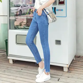 

Nonis Women Solid Blue High Stretch Skinny Jeans Female High Waist Irregular Bottom Pencil Denim Pants Pocket Trousers 2019 New
