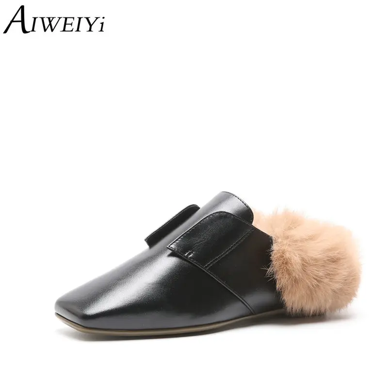 

AIWEIYi Women Fur Slippers Plush Slippers Genuine Leather Slip On Mule Women Flat Shoes British Style Women Outdoor Slippers