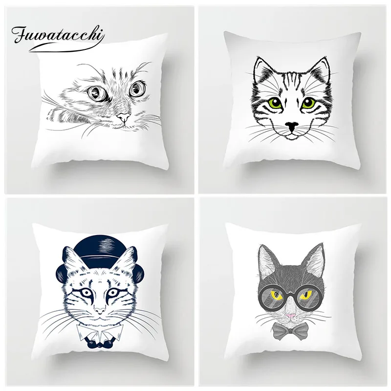 

Fuwatacchi Cute Animal Painting Cushion Cover Cartoon Cat Avatar Pillow Cover Decor Home Sofa Chair Decorative White Pillowcase