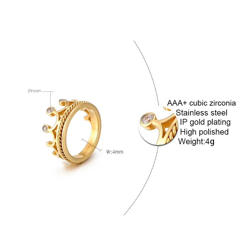 Personality Crown Wedding Ring Cubic Zirconia Engagement Ring Stainless Steel Anniversary Jewelry Gift for Women