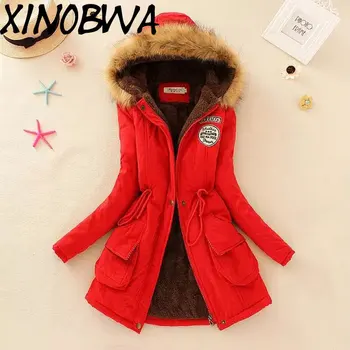 

New Women Winter Plus Velvet Long Thick Warm Solid Pockets Parkas Female Fleece Plus Size Slim Coats With Hooded Casaco Feminino