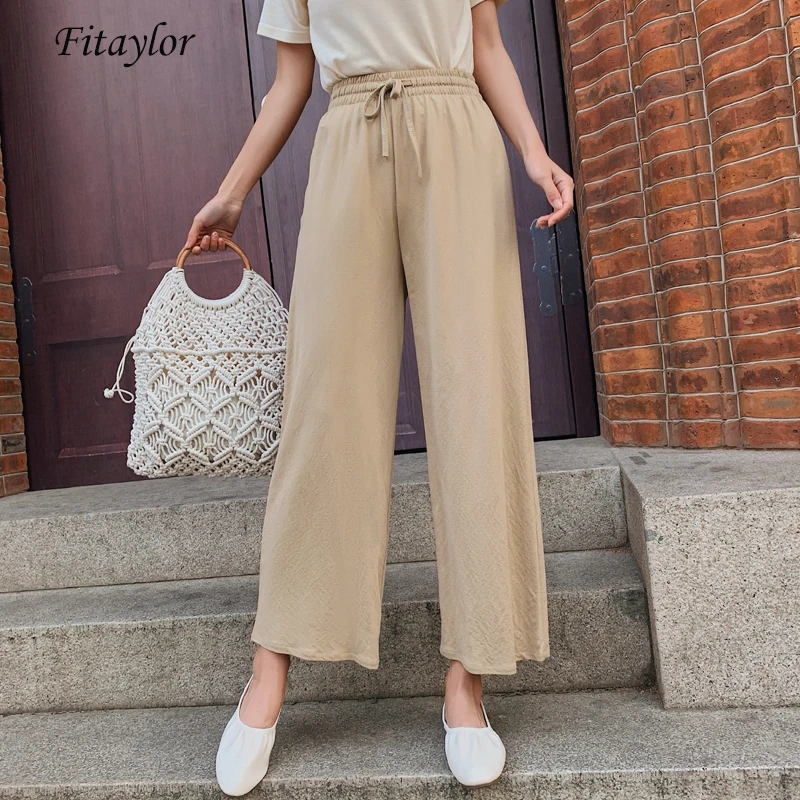 

Fitaylor Summer High Waist Wide Leg Pants Cotton Linen Female Candy Colors Lace Up Ankle-length Pants Casual Ladies Trousers