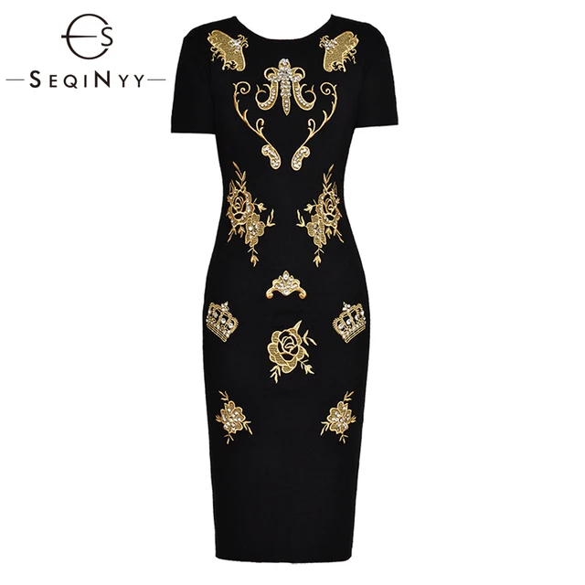 Seqinyy Black Dresses 2018 Early Autumn Woman S New Fashion Gold Seqinyy Black Dresses 2018 Early Autumn Woman S New Fashion Gold Thread Embroidery Short Sleeve Diamonds Crystal