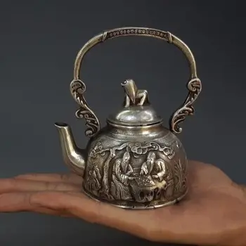 

Chinese Miao Silver Old Man Play Chess Dog Animal Wine Tea Pot Flagon Kettle
