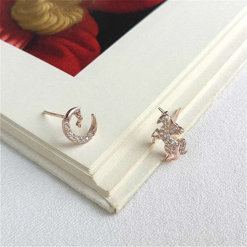 

Fengxiaoling Dream Unicorn Moon Cubic Zirconia Stud Earrings For Women 925 Sterling Silver Asymmetric Earings Fashion Jewelry